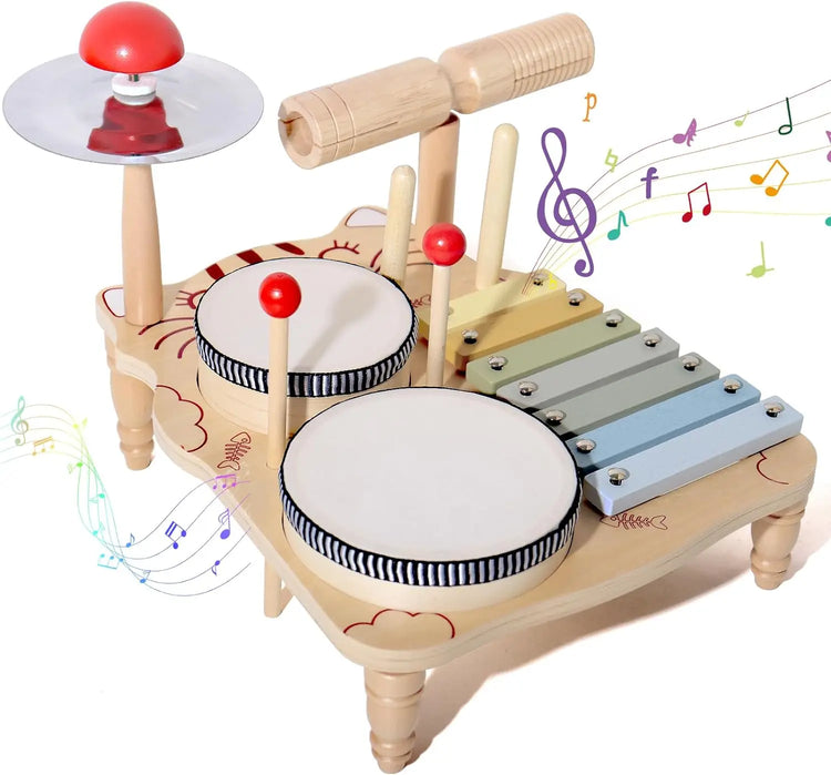 Mesa Musical de Madeira 7 em 1 – Bateria Infantil com Xilofone e Instrumentos de Percussão