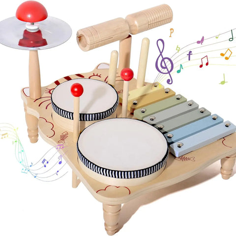 Mesa Musical de Madeira 7 em 1 – Bateria Infantil com Xilofone e Instrumentos de Percussão