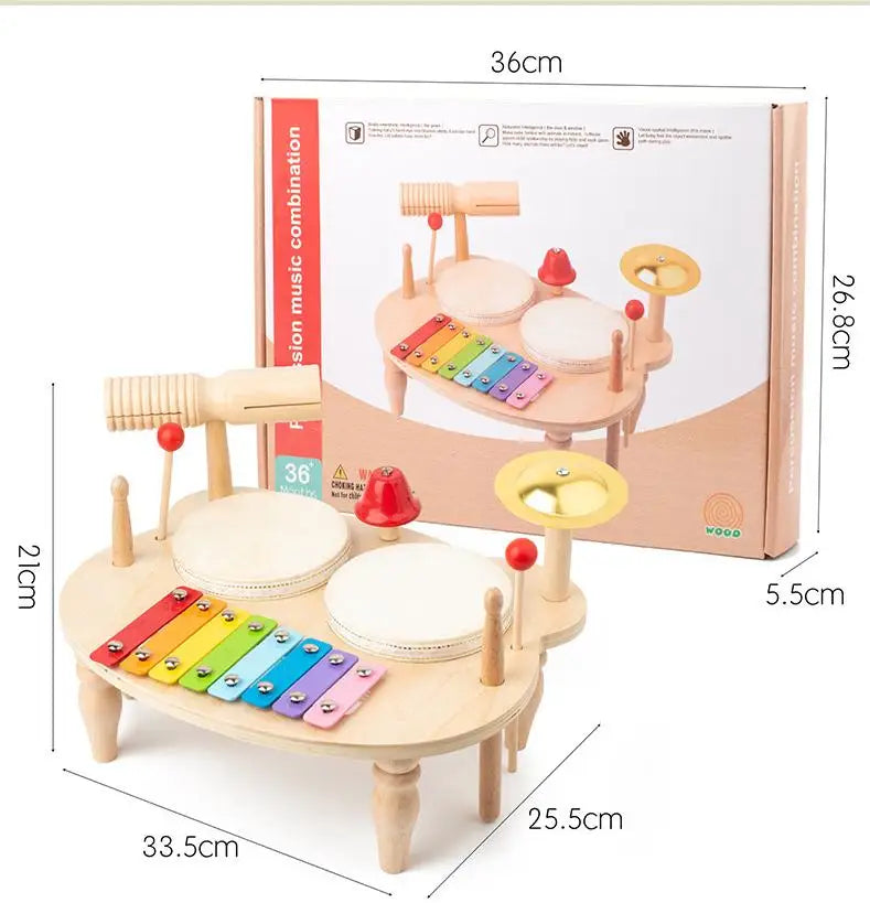 Mesa Musical de Madeira 7 em 1 – Bateria Infantil com Xilofone e Instrumentos de Percussão