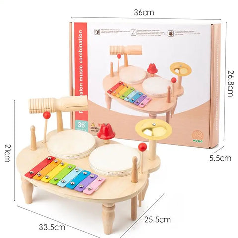 Mesa Musical de Madeira 7 em 1 – Bateria Infantil com Xilofone e Instrumentos de Percussão