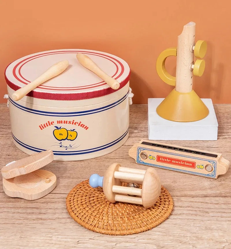 Mesa Musical de Madeira 7 em 1 – Bateria Infantil com Xilofone e Instrumentos de Percussão